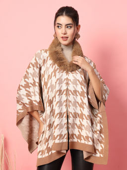 Mafadeny - Women Chevron Printed Brown Poncho