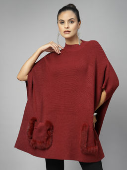 Mafadeny - Womens High-Neck Faux Fur-Trimmed Pockets Maroon Poncho