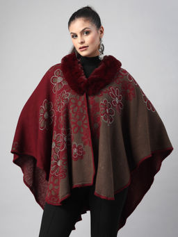Mafadeny - Shawl Collar Floral Embroidered Maroon Poncho With Faux Fur Trim