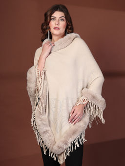 Mafadeny - Round Neck With Faux Fur Trim And Fringe Beige Poncho