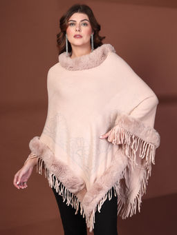 Mafadeny - Round Neck With Faux Fur Trim And Fringe Peach Poncho