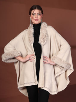 Mafadeny - Shawl Collar With Faux Fur & Chain-Trim Details Beige Poncho