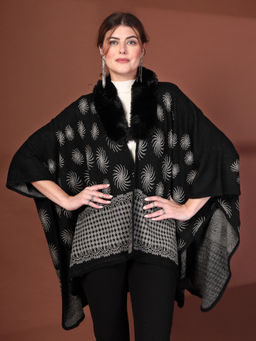 Mafadeny - Shawl Collar Faux Fur & Silver Swirl Embroidered Black Poncho
