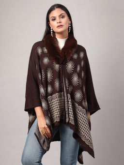 Mafadeny - Shawl Collar Faux Fur & Silver Swirl Embroidered Brown Poncho