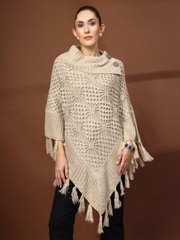 Mafadeny - Cowl Neck Crochet With Button & Fringe Trim Beige Poncho