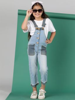 Tales & Stories - Girls Light Blue Washed Lycra Dungarees