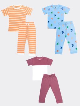 Orange Sugar - T-Shirt & Pant Underwater, Orange Stripes, Berry (Pack of 3)