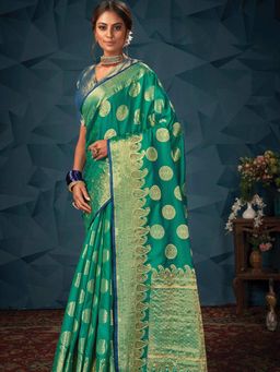 Odette - Womens Green Silk Blend Printed Saree with Unstitched Blouse
