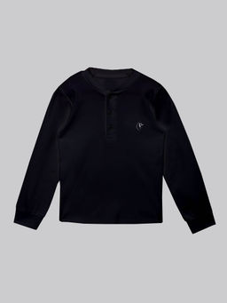 KiddoPanti - Unisex Solid Full Sleeves Henley Neck Ribbed T-shirt- Black