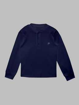 KiddoPanti - Unisex Solid Full Sleeves Henley Neck Ribbed T-shirt- Navy Blue