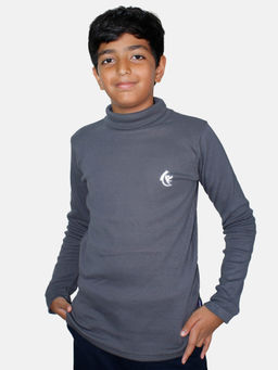 KiddoPanti - Unisex Solid Turtle Neck Full Sleeves T-shirt- Grey