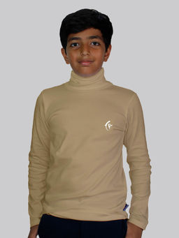 KiddoPanti - Unisex Solid Turtle Neck Full Sleeves T-shirt- Beige