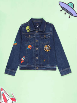 KiddoPanti - Boys Printed Space Themed Denim Jacket- Blue