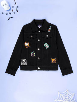 KiddoPanti - Boys Halloween Theme Denim Jacket- Black