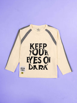 KiddoPanti - Girls Cotton Typography Printed Full Sleeves T-shirt- Cream
