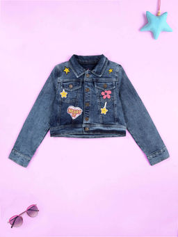 KiddoPanti - Girls Embroidered Crop Denim Jacket- Blue