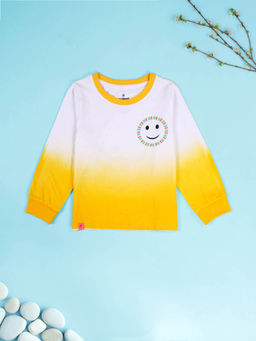 KiddoPanti - Girls Cotton Ombre Effect Printed T-shirt- Yellow