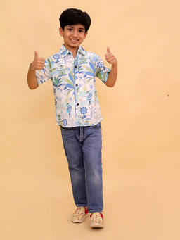 The Mom Store - Boys Cotton Half Sleeves Jungle Printed Shirt- Blue