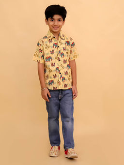 The Mom Store - Boys Cotton Half Sleeves Elephant Printed Shirt- Yellow