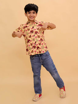 The Mom Store - Boys Cotton Half Sleeves Elephant Printed Shirt- Beige