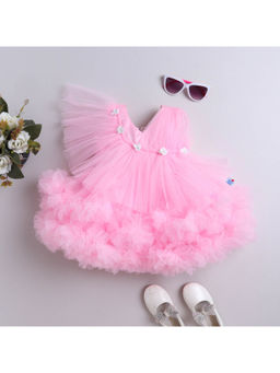 Many Frocks - Girls Net Sleeveless Rose Party Dress- Pink