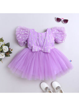 Many Frocks - Girls Net Sequined Bow Embellished Party Dress- Purple