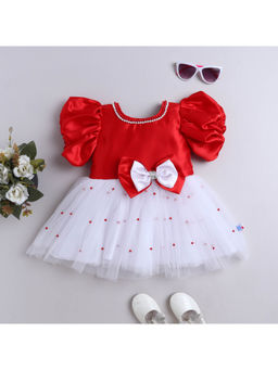 Many Frocks - Girls Satin Double Bow Embellished Party Dress- Red and White