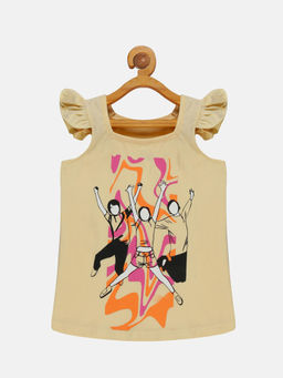 KiddoPanti - Girls Printed Frill Ruffled Sleeves Square Neck T-shirt - Beige