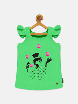 KiddoPanti - Girls Printed Frill Ruffled Sleeves Square Neck T-shirt - Green