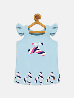 KiddoPanti - Girls Printed Frill Ruffled Sleeves Square Neck T-shirt - Blue