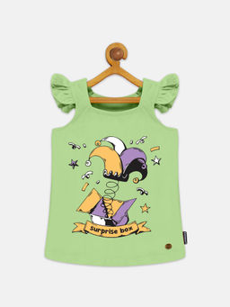 KiddoPanti - Girls Printed Frill Ruffled Sleeves Square Neck T-shirt - Green