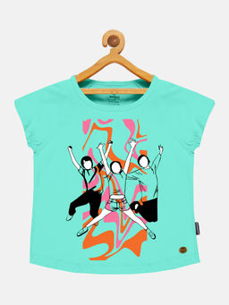 KiddoPanti - Girls Printed Round Neck T-shirt- Turquoise