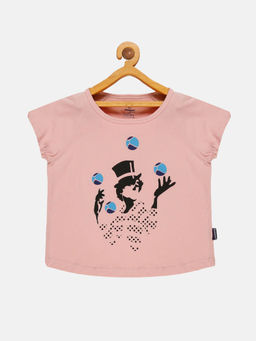 KiddoPanti - Girls Printed Round Neck T-shirt- Peach