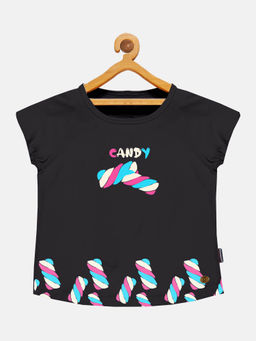 KiddoPanti - Girls Printed Round Neck T-shirt- Black