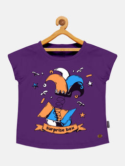 KiddoPanti - Girls Printed Round Neck T-shirt- Purple
