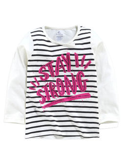 KiddoPanti - Girls Stripes Printed Full Sleeves T-shirt- White