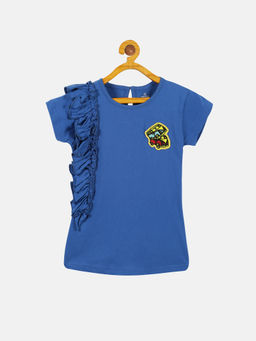 KiddoPanti - Girls Frill Embroidered Patch T-shirt- Blue