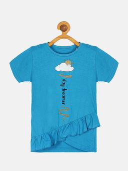 KiddoPanti - Girl Day Dreamer Printed Half Sleeves T-shirt- Blue
