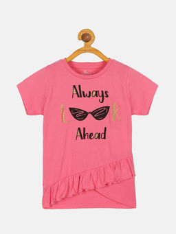 KiddoPanti - Girl Printed Half Sleeves T-shirt with Frill Bottom- Pink