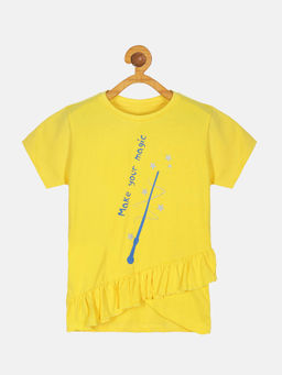 KiddoPanti - Girl Make Your Magic Printed Half Sleeves T-shirt with Frill Bottom- Yellow