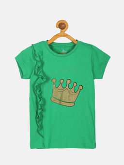 KiddoPanti - Girl Crown Printed Half Sleeves T-shirt with Side Frill- Green