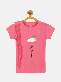 KiddoPanti - Girl Day Dreamer Printed Half Sleeves T-shirt with Side Frill- Pink