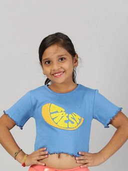 KiddoPanti - Girls Cotton Half Sleeves Crop T-shirt- Blue