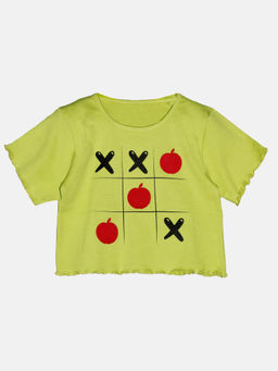 KiddoPanti - Girls Cotton Half Sleeves Printed Crop T-shirt- Green