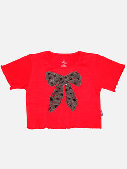 KiddoPanti - Girls Cotton Half Sleeves Embellished Crop T-shirt- Red