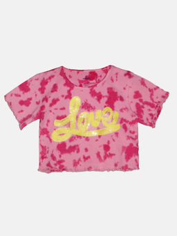 KiddoPanti - Girls Cotton Crop Half Sleeves Tie and Dye T-shirt- Pink