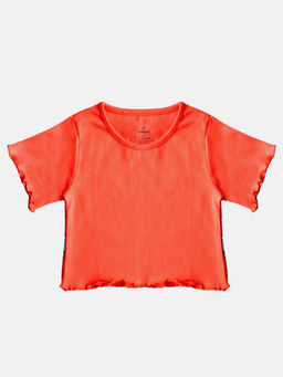 KiddoPanti - Girls Cotton Half Sleeves Solid Crop T-shirt- Orange
