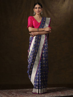 WeaverStory - Handloom Blue Banarasi Patola Saree with Meenakari Design