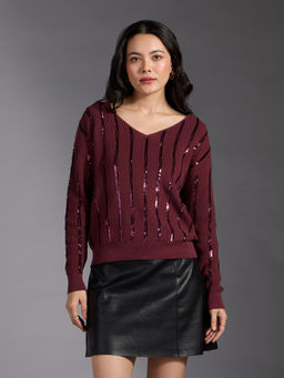 Twenty Dresses by Nykaa Fashion - Maroon V Neck Full Sleeves Sequin Embellished Sweater
