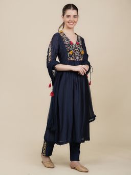 House Of Dharaa - Dark Blue Embroidered Cotton Kurta with Pant (Set of 2)